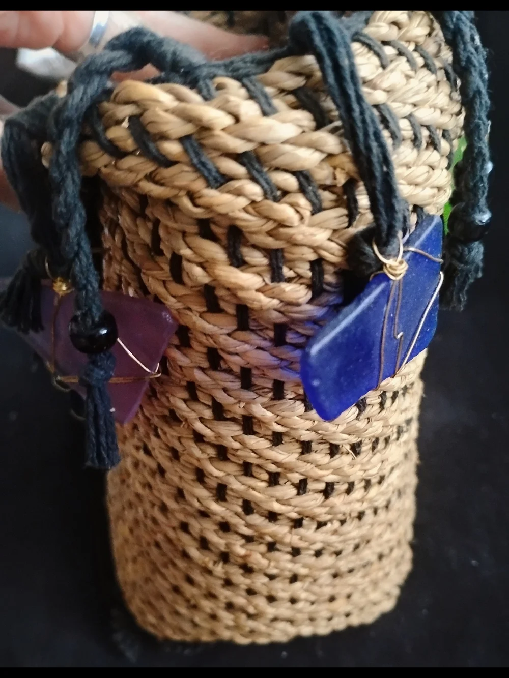 Handwoven Designer Basket with Multicolor Glass Accents. Made In America